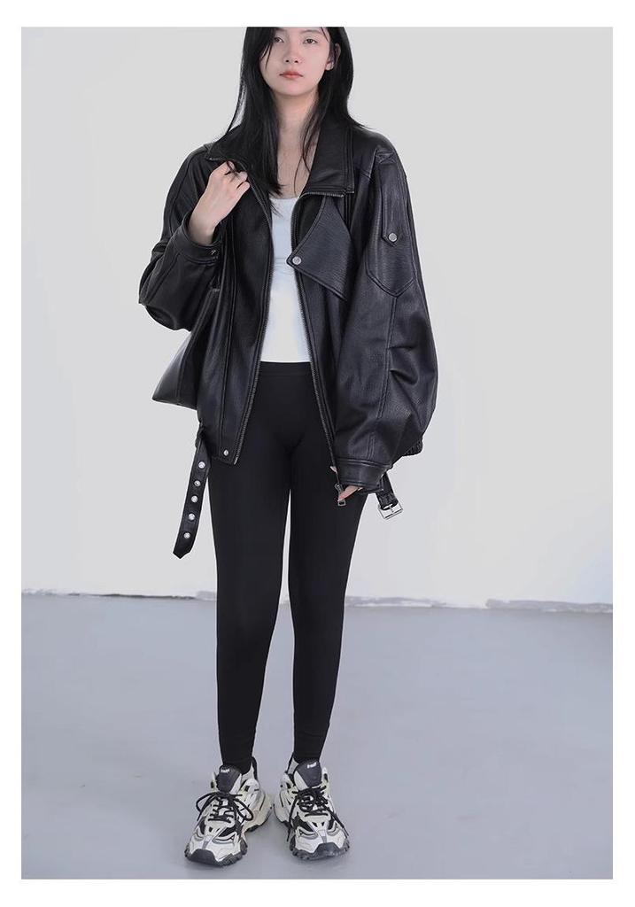 Retro Stand Collar Motorcycle PU Leather Jacket - Autumn/Winter Hong Kong Style, Loose and Versatile Outerwear
