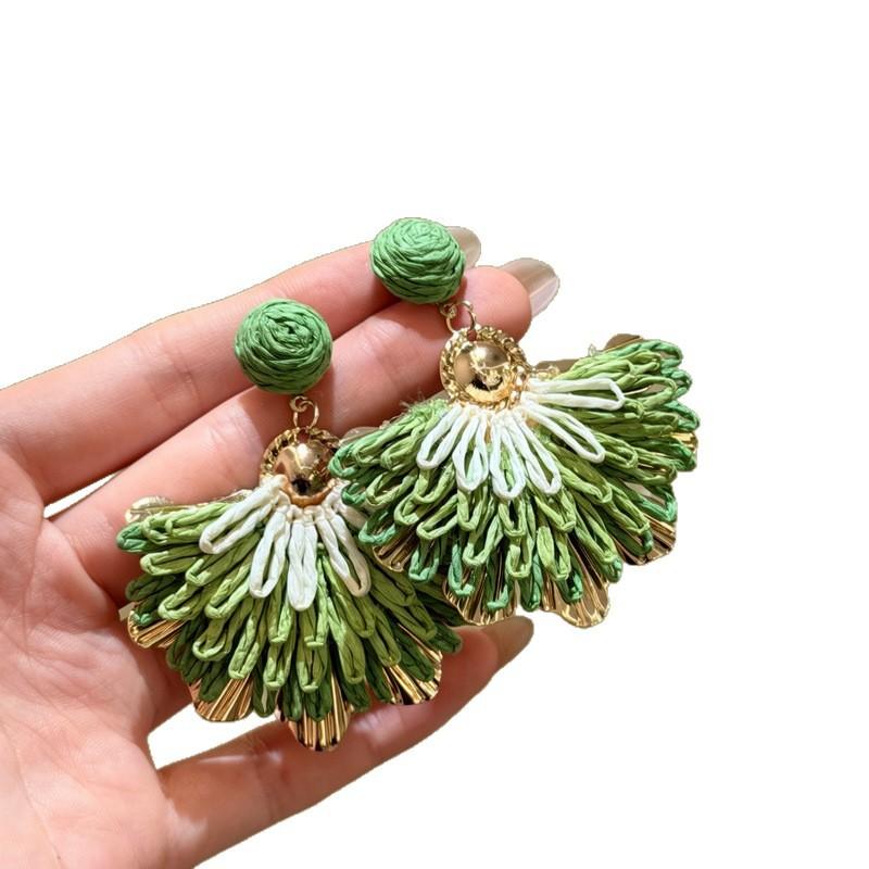 Steel needle raffia fan pendant earrings seaside vacation style temperament earrings niche high-end versatile earrings women