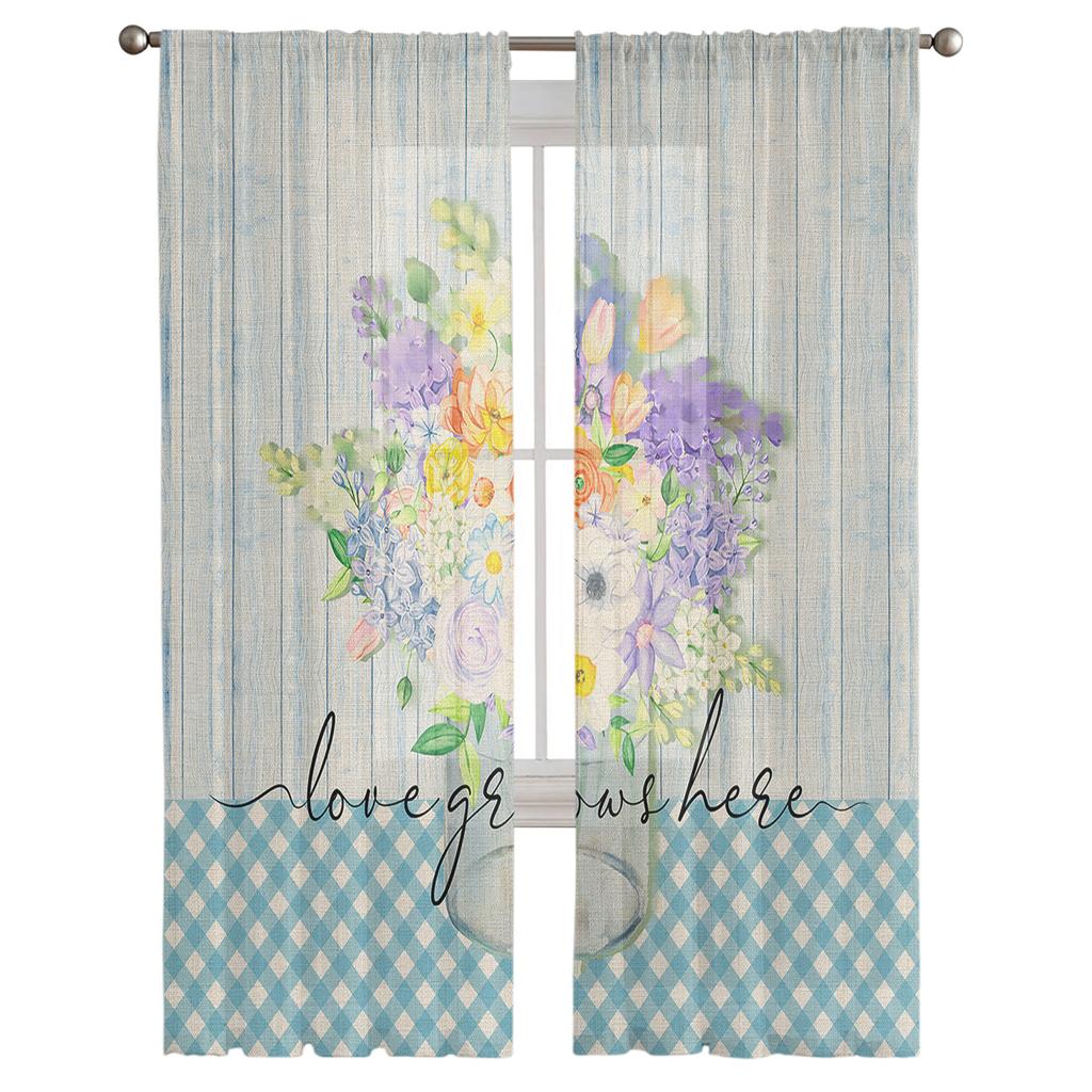 Spring Floral Watercolor Plaid Sheer Curtains For Living Room Bedroom Kids Room Tulle Window Treatment Drapes
