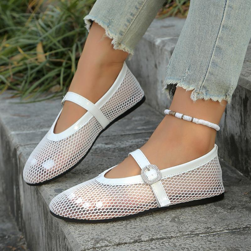 Women's Wide Width Rhinestone Flats, Fishnet Mary Janes Slip-Ons, Breathable Soft Sole Sandals for Women