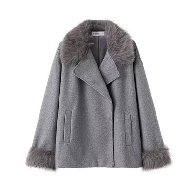 Womens Stylish Wool Blend Short Coat With Faux Fur Collar Winter Streetwear Outerwear