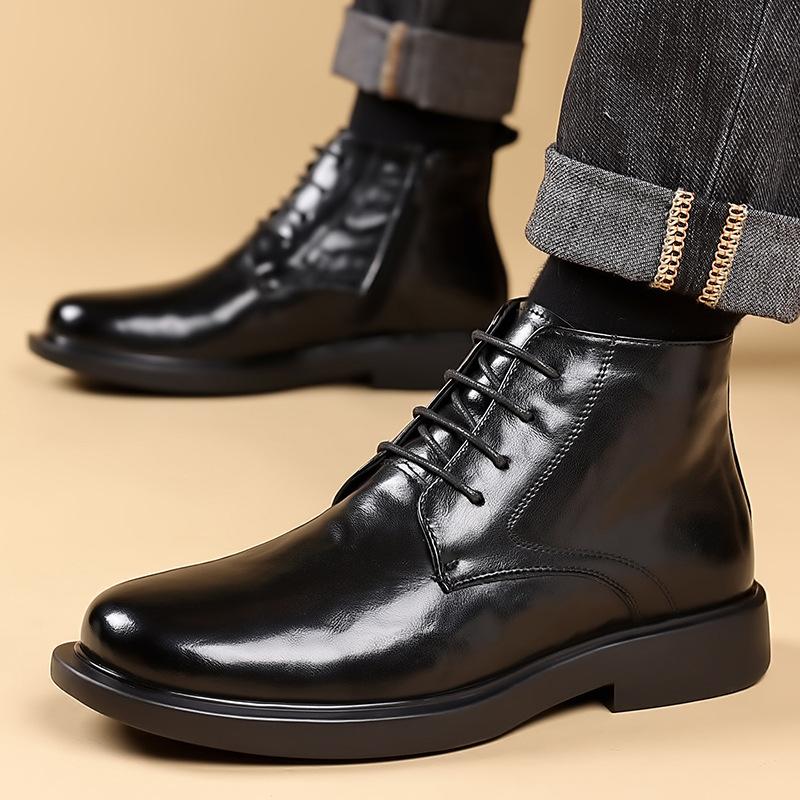 Autumn Winter Black Leather Boots Men High Top Fashion Casual Ankle Boots Male New Lace Designer Round Head Platform Shoes Man