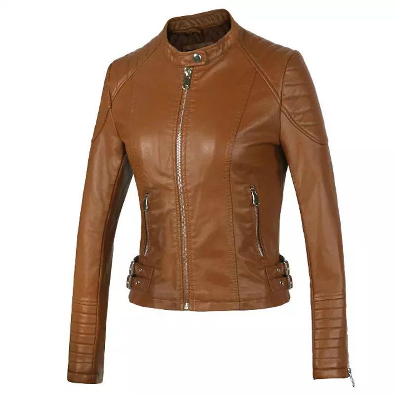 

Fashion Style Fashion Spring and Summer New Long Sleeves Silm Women s Leather Short High Waist Motorcycle Metal Zipper Punk Outwear CHOCOLATE M