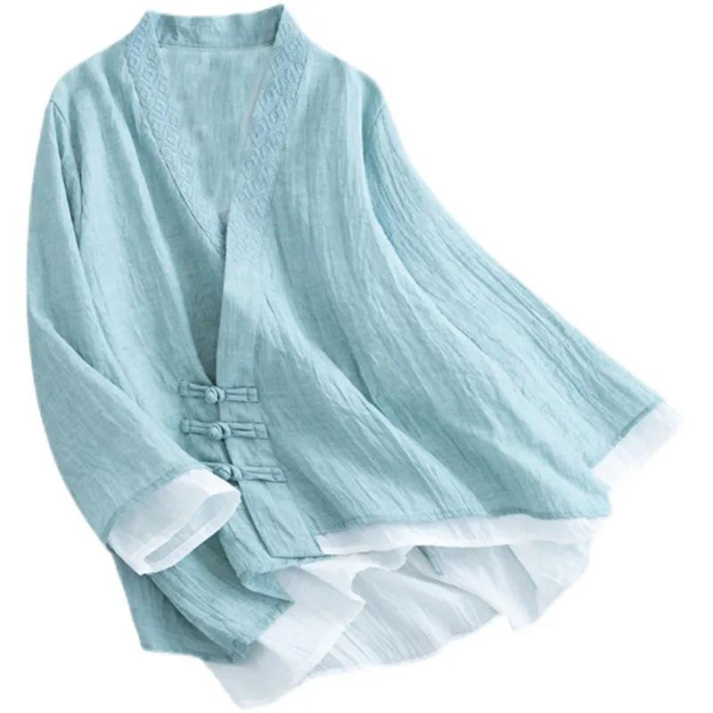 Retro-Ethno-Stil Schwerindustrie Bestickte Bluse Damen Literarische und künstlerische Plattenschnalle Stehkragen Loses Übergrößenhemd Temperamenthemd