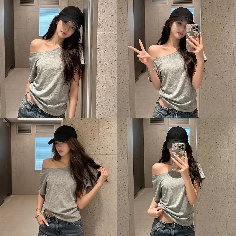 Grey Slanted Shoulder Short-sleeved T-shirt Women's Summer, New Loose and Thin Off-the-shoulder Design, Spice Girl One-word Shoulder Top