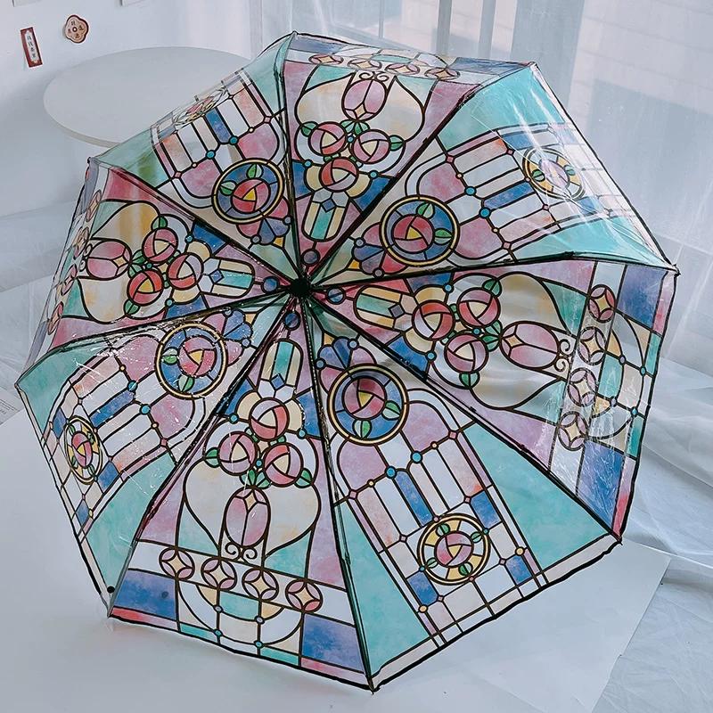 Transparent Glass Painted Umbrella 70% off Automatic Trendy Straight-Handle Umbrella Cute Folding Umbrella for Children and Adults Hepburn Style