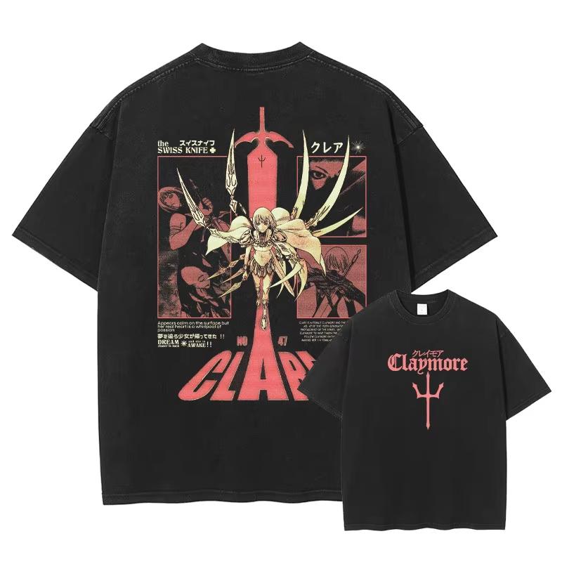 Anime Claymore T-Shirt Clare Miria Vintage Washed Tops Tees Anime Cartoon Harajuku DTG Print Short Sleeve Daily Wear Cool Top