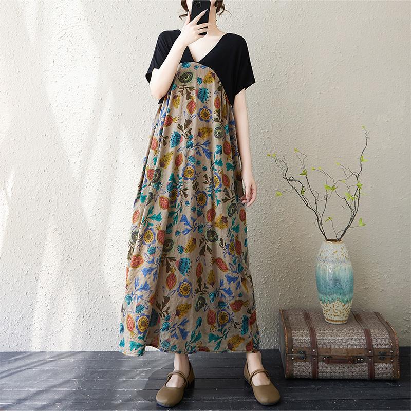 Dimanaf New 2025 Plus Size Summer Dress Women V-Neck Vintage Printing Casual Loose Short Sleeve Dress Maxi