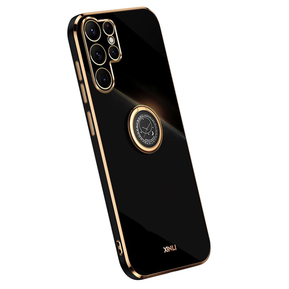 

For Samsung Galaxy S25 Ultra Case Ring Kickstand Electroplating TPU Phone Cover Black