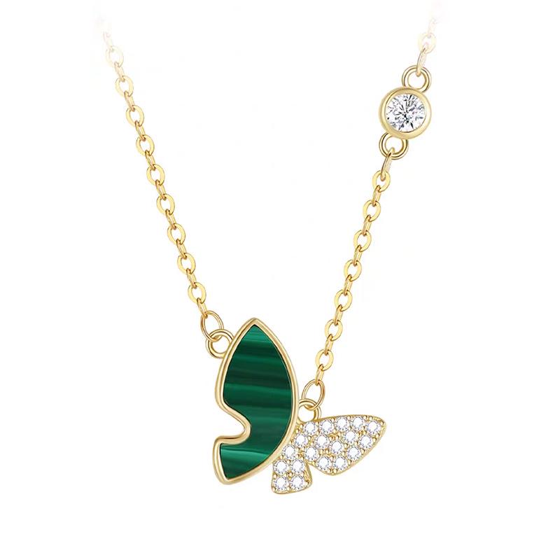 Emerald Forest Butterfly Pendant Necklace, S925 Sterling Silver, Elegant Clavicle Jewelry for Women