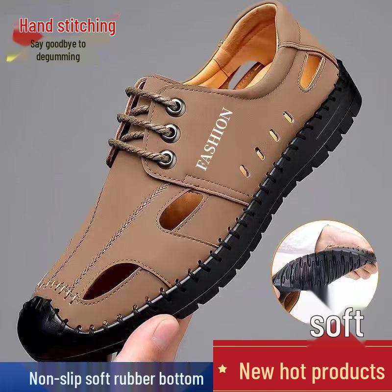 Men's 2025 Summer Soft Leather Non-Slip Closed-Toe Sandals for Beach & Driving