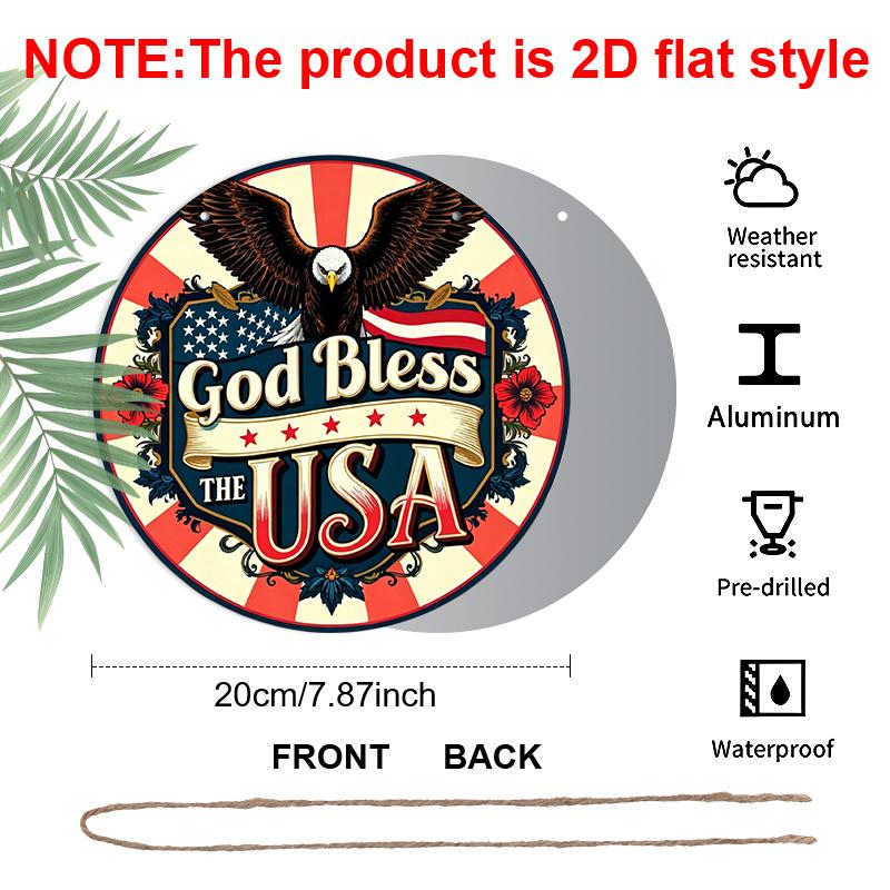 2D Flat, God Bless America Patriotic Metal Sign, Round Aluminum Wall Decor with American Flag Floral Design, Perfect for Independence Day, Veterans