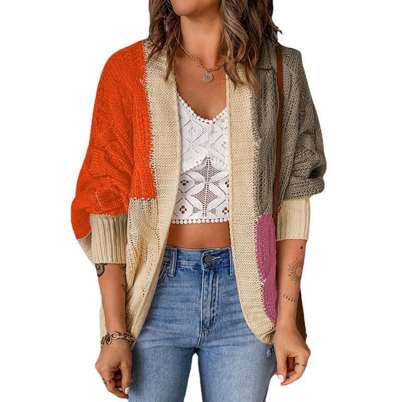 Womens Colorblock Knit Cardigan Sweater Winter Loose Fit Open Front Long Sleeve