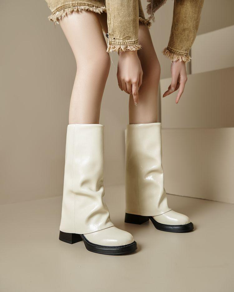 

Foreign trade round pants boots 2025 autumn and winter high-heeled thick-heeled medium boots women s leather thick-soled pleated piled boots 39