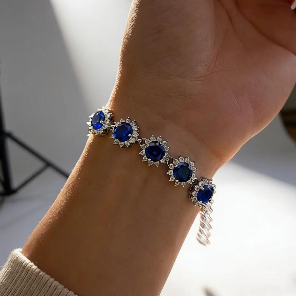 Stylish Full Diamond Sunflower Colored Treasure Bracelet Simulation Ruby Emerald Gemstone Bracelet High-End Design Jewelry