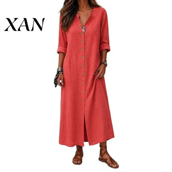 Loose Fit Dress Women's Summer Button Down Long Dress, Casual V Beach Women Neck Tunic Roll Up Sleeve Vacation Lounge Outfits