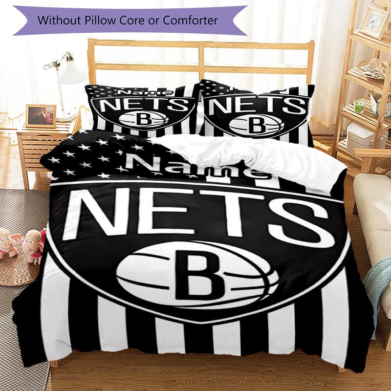 3pcs Custom Name Brooklyn Nets Bedding Set Duvet Cover Closure Includes 1 Duvet Cover & 2 Pillowcases, Soft and Comfortable for All Seasons.
