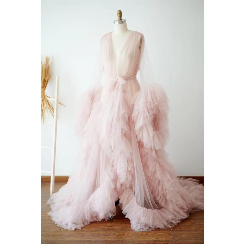 Cross-border Maternity Tulle Evening Gown with Ruffles and Shawl Cape