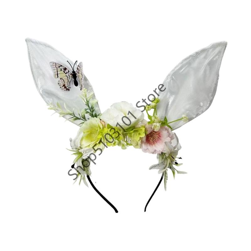 Bunny Ears Headband Women s Flower Butterfly Hairband Girl Rabbit Ears Headwear Cosplay Costume Hair Accessories белый