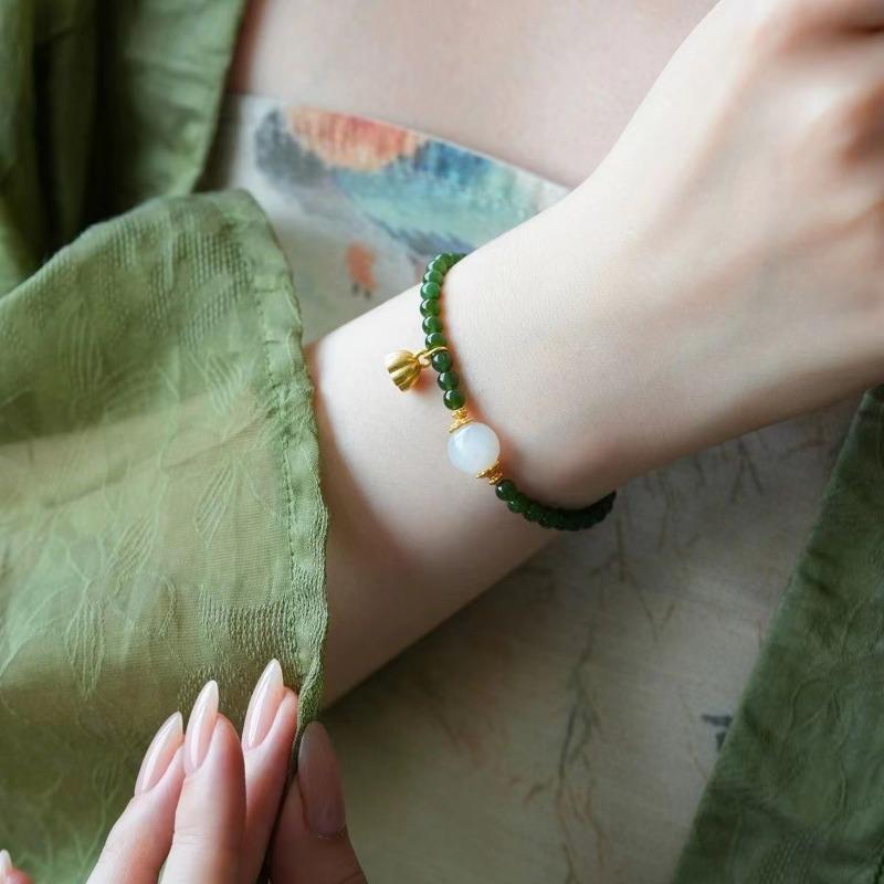 New Chinese Style Lotus Seed Beaded Bracelet Spinach Green Glass Beads Single Circle