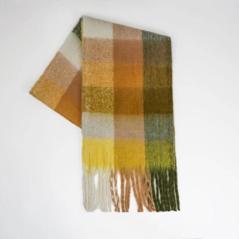 Autumn and winter European and American color matching AC imitation cashmere thick fringed scarf rainbow plaid mohair warm female student plus