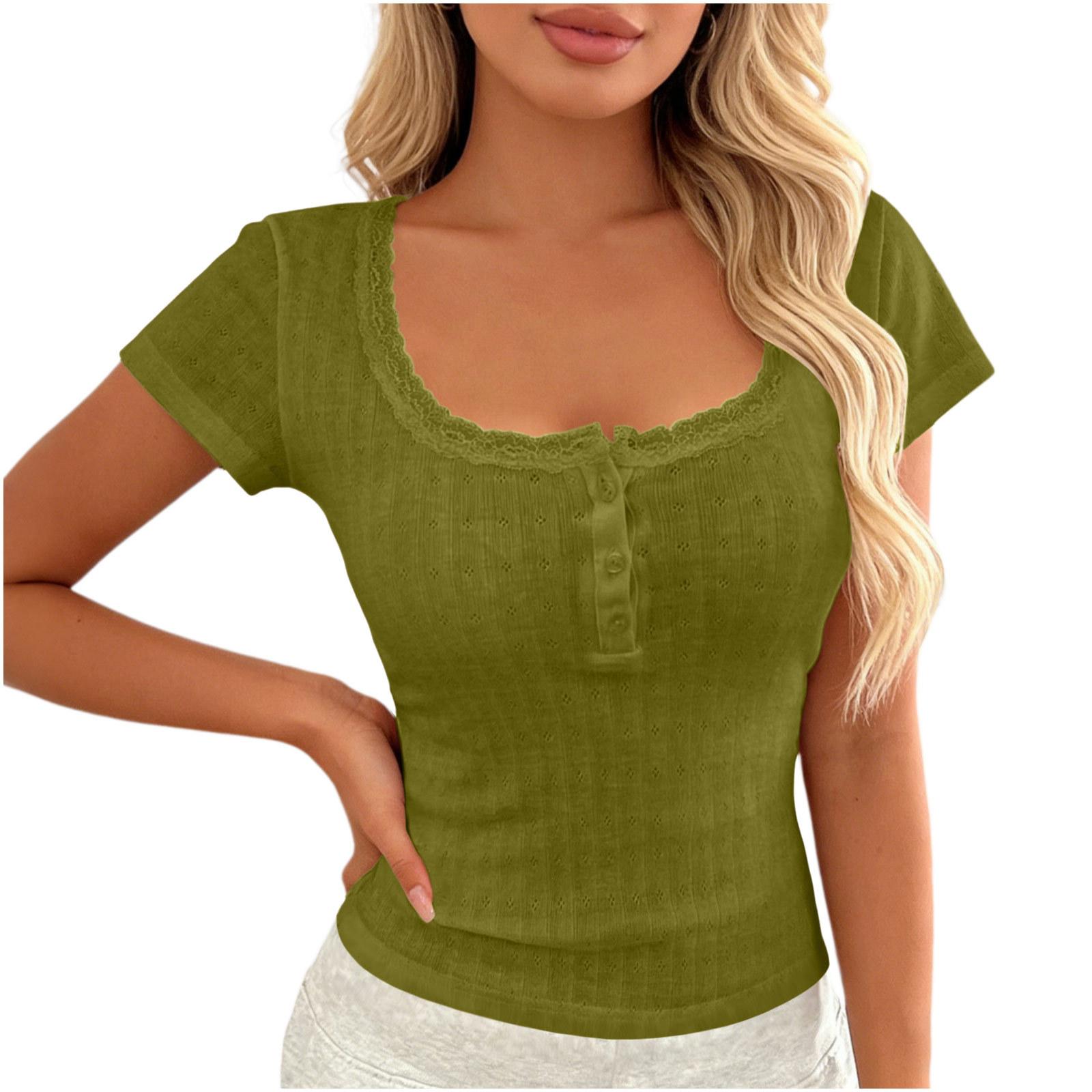 Women Short Sleeve Ribbed Knit Top Lace Trim Square Neck Button Casual Fitted T Shirt Blouse M