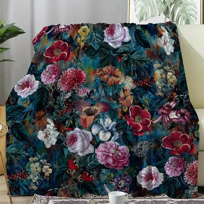 1 Stück Vintage Floral Flanelldecke Grün Pflanze Karomuster 3D-Druck Warm Gemütlich Weich Teppich für Sofa Bett Couch Auto Camping Reise Decke