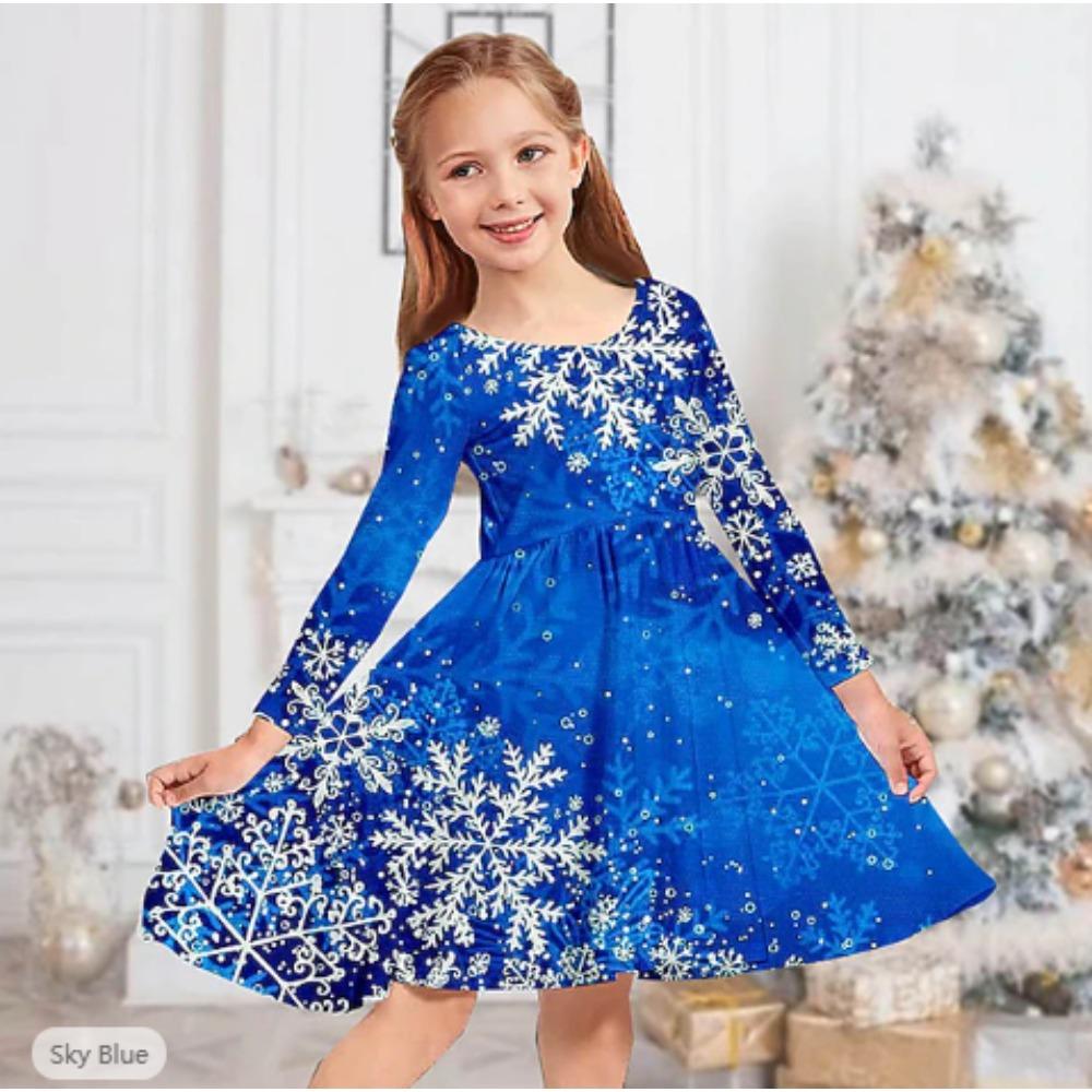 Girl Casual 3D Snowflake Print Round Neck Long Sleeve Dress Kid Princess Dress 80 синий