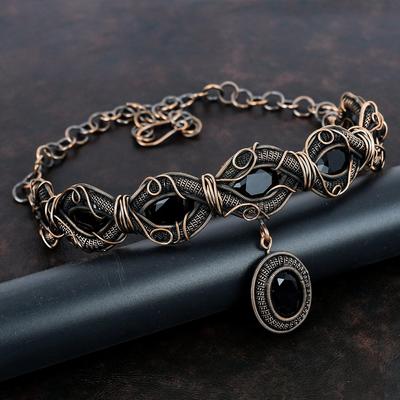 Collana Onice Nero Collana Avvolta in Filo di Rame Collana con Catena Regolabile Gioielli in Rame Unici Collana Fatta a Mano Per Regalo Gioielli con Pietre Preziose