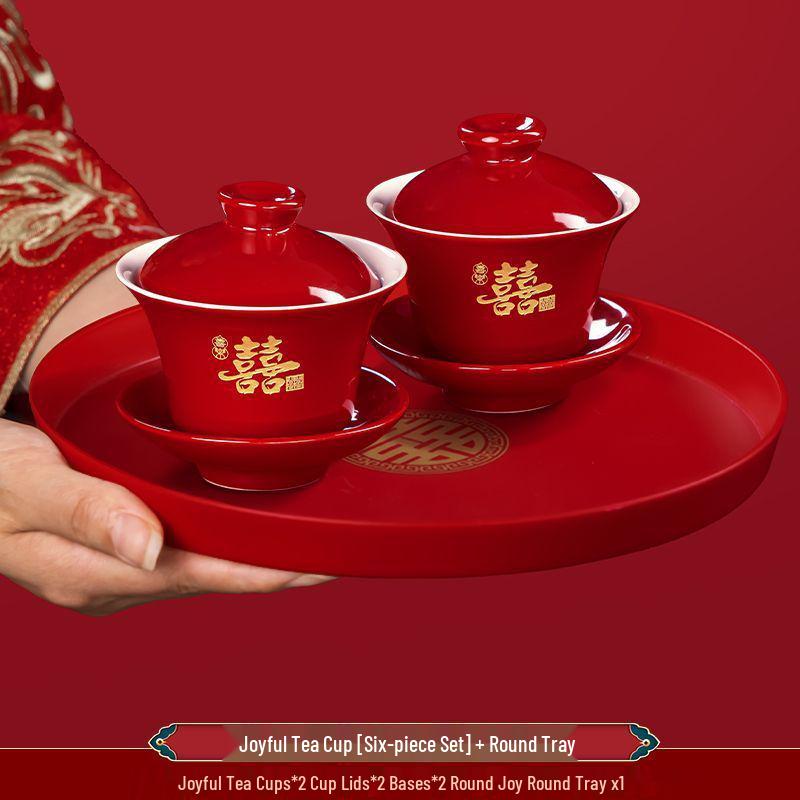 Ensemble de tasses à thé de mariage Double Bonheur: Service à thé rouge avec bol, baguettes et une paire de tasses - Parfait pour les cadeaux de mariage et la dot.