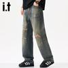 izzue it Men's Vintage Distressed Ripped Straight-Leg Jeans