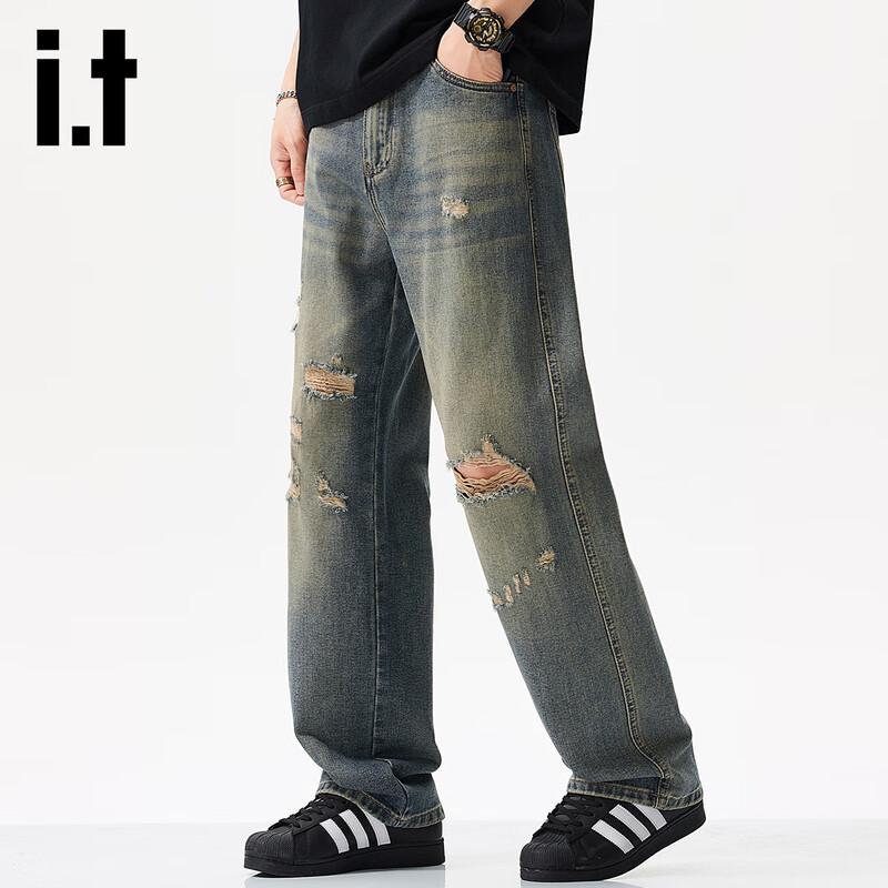 izzue it Men's Vintage Distressed Ripped Straight-Leg Jeans