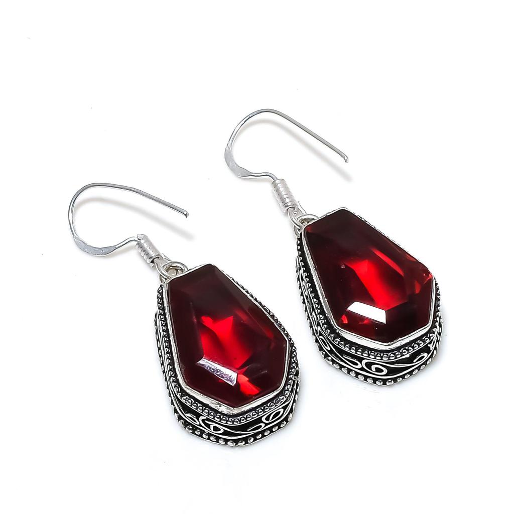 Amazing Red Garnet Coffin Gemstone Earrings, 925 Sterling Silver Earring, Handmade Boho Silver Jewelry Dangle Earrings, Wadding Gift