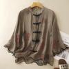 Retro printed cotton and linen shirt women's summer new medium round neck disc button seven-quarter sleeve zen cardigan top