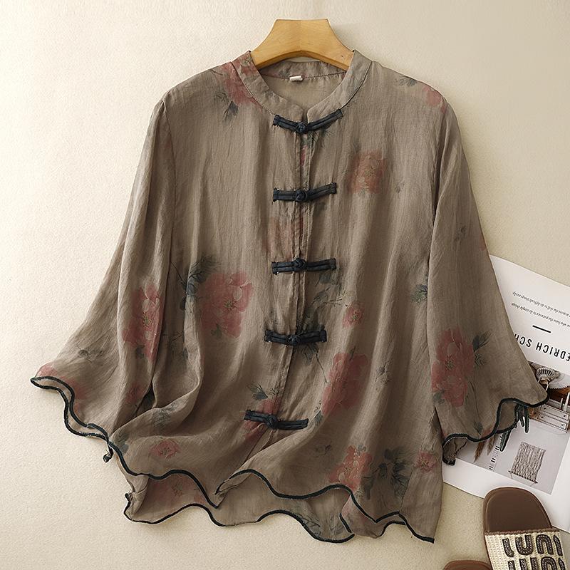 Retro printed cotton and linen shirt women's summer new medium round neck disc button seven-quarter sleeve zen cardigan top