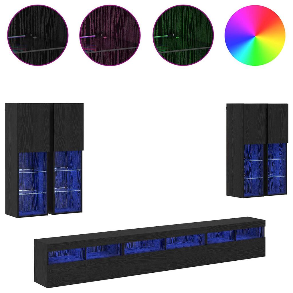 TV Wall Shelf Set 7 pcs Black Oak Effect Wood Based Panel