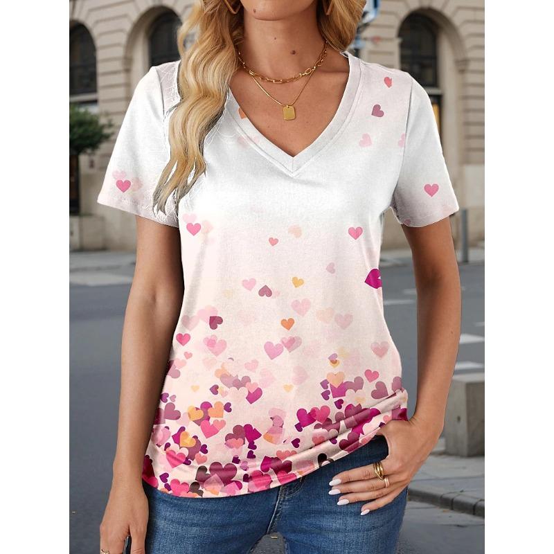 Sommer V-Ausschnitt 3D Liebesmuster Bedrucktes Top Modische Lässige Kurzarm Damen T-Shirts