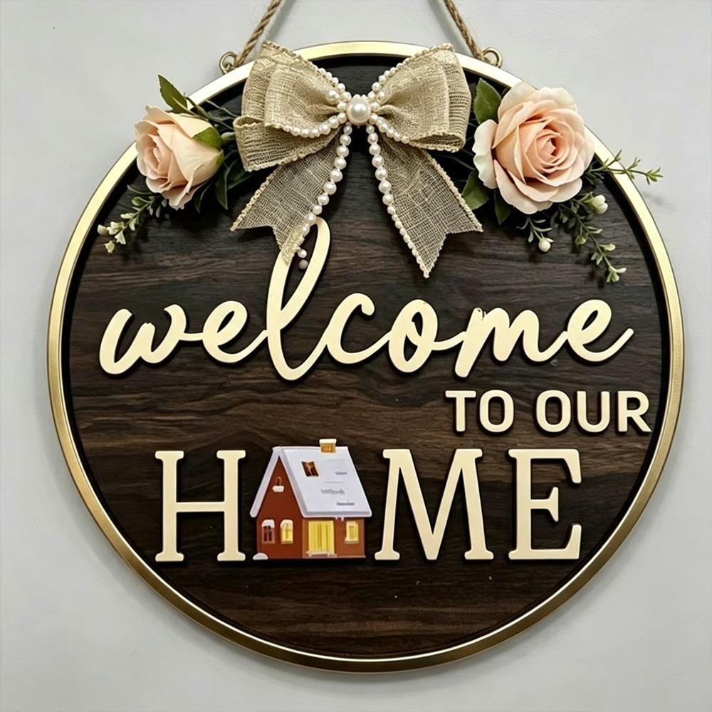 Neues 2D Flaches 2D Rundes Willkommensschild Katzenaufdruck Blumendruck Hängendes Holzschild Warmes Zuhause Retro-Stil Wandschild Heimdekoration