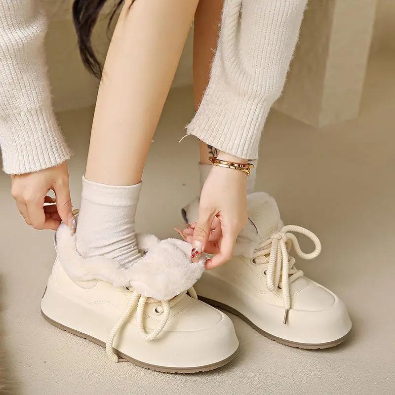 2025 Autumn/winter European Station Fleece-lined Warm Cotton Shoes Explosive Thick Bottom Casual Women's Shoes Rubber Upper