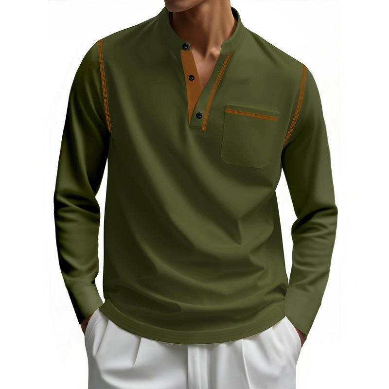 Spring and Summer Men's Long Sleeve Stand Neck Polo Polo Shirt Foreign Trade Solid Color Men's Bottom Long Sleeve