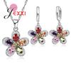 Luxury Women Sterling Silver Shiny Austrian Crystal Necklace Earrings Jewelry Sets Hollow Flower Engagement Accessory