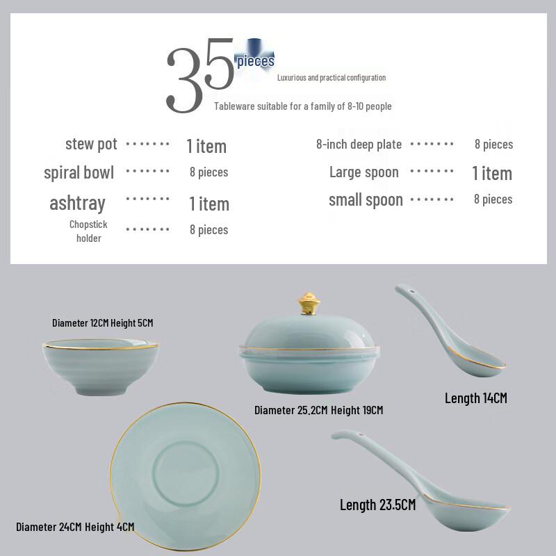 Ruhan 35-Piece Gold-Rimmed Celadon Ceramic Dinnerware Set