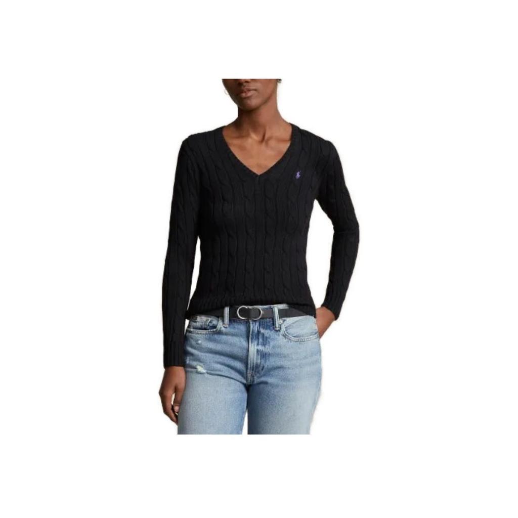 Polo Ralph Lauren SS23 Solid Logo Embroidered V-Neck Knit Sweater Women sweater Black WMPOSWENC020652-001