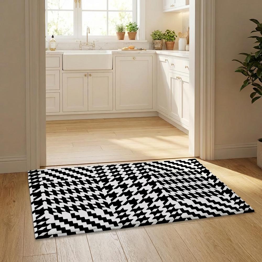 Houndstooth Check Pattern Floor Mat Flannel Door Mat Non-Slip Bedroom Living Room Home Decor