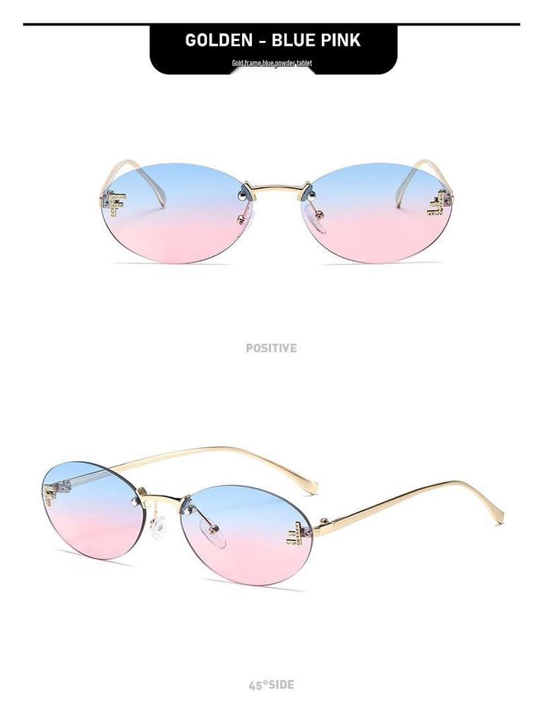 Women's Trendy Oval Rimless Rhinestone Sunglasses - European & American Style, Small Frame with Letter F Design