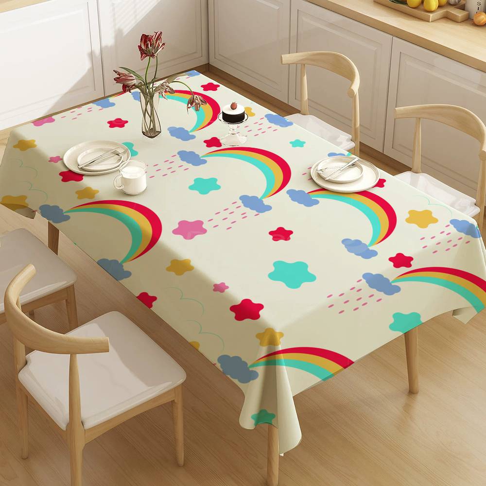 Cloud Rainbow Cartoon Waterproof Rectangle Tablecloth Fiesta Home Decor Dining Room Decor Reusable Table Cover Party Supplies