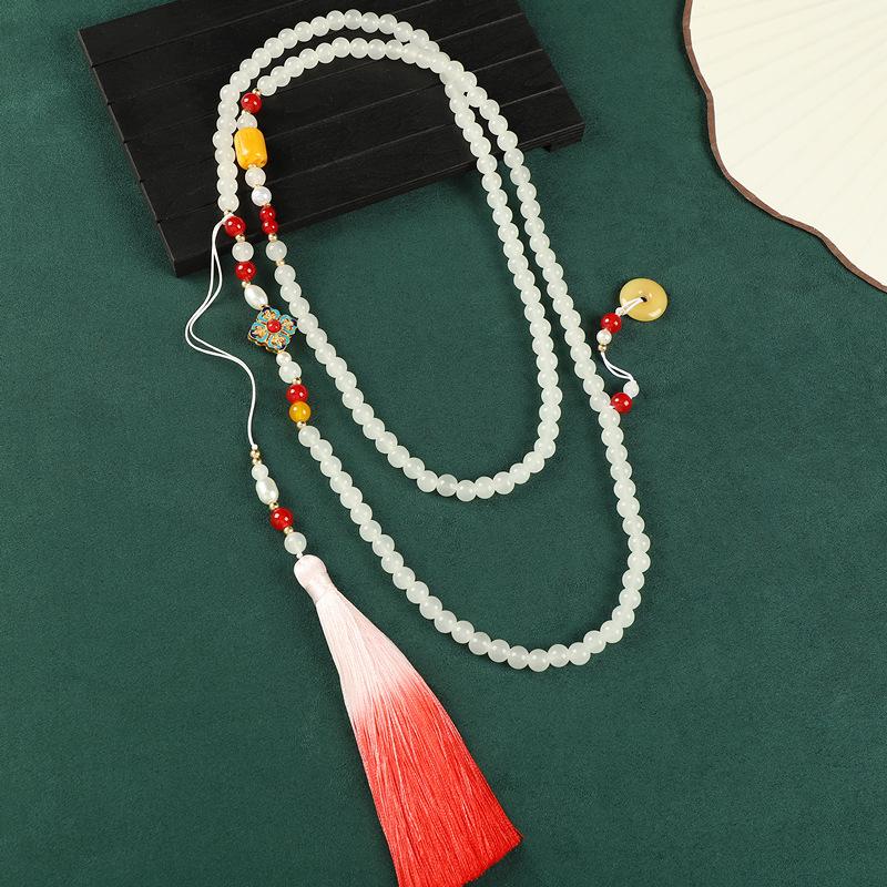 Long messenger chain high-end green glazed agate beaded necklace cheongsam sweater chain accessories women