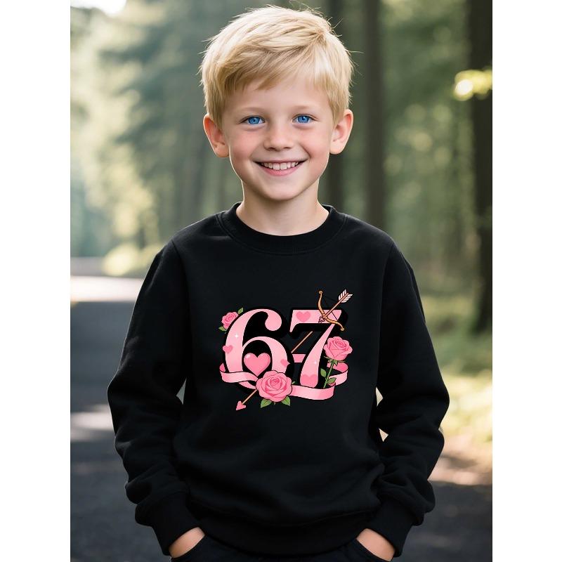 Kids Unisex  Crewneck Sweatshirt, Pink Rose Heart Cupid Arrow Ribbon 67 Graphic Long Sleeve Pullover, Soft Fleece Sweatshirts for Boys Girls Ages 4+ 110 чёрный