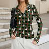 Damenmode Lässig Weihnachts-Print V-Ausschnitt Langarm Knopfleiste Oberteil