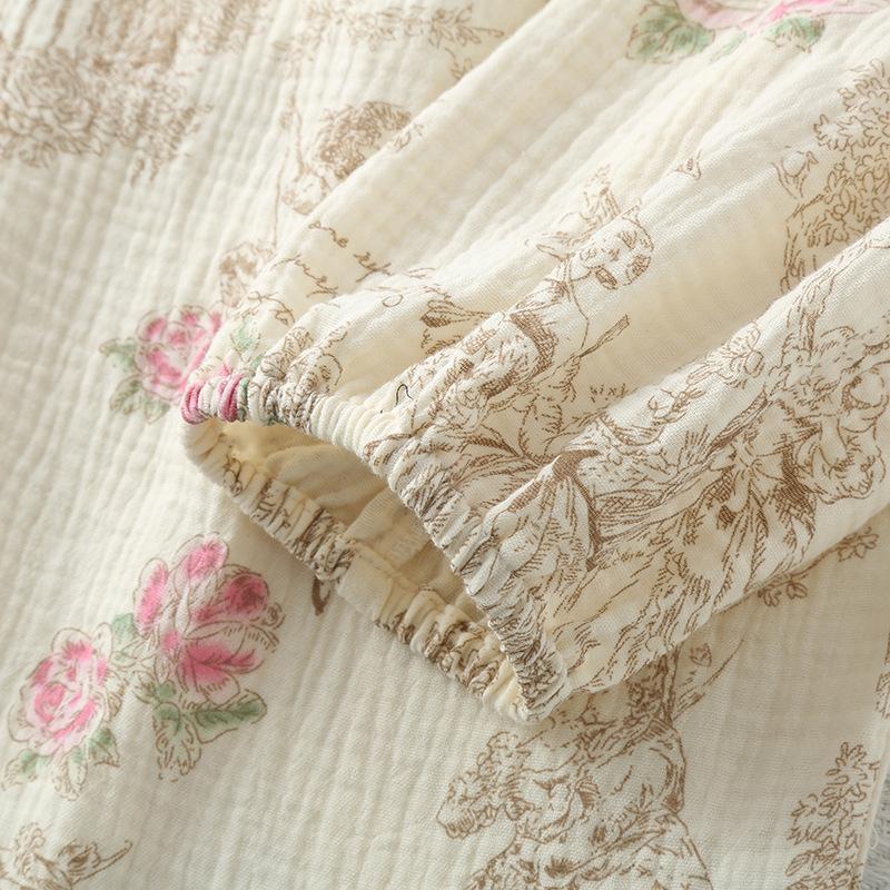 Frühling und Sommer Neues Damen-Pyjama-Set aus 100 % Baumwollkrepp, lange Ärmel + Hosenträger + Hose, dreiteiliger Spitzenanzug für Damen